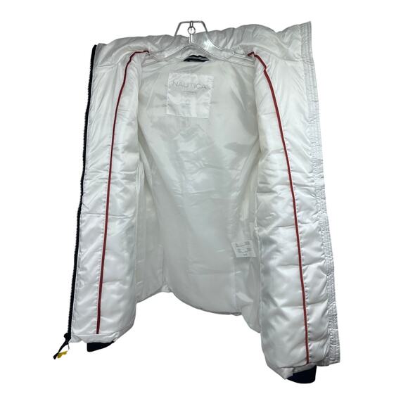 Nautica White Puffer Zip Up Jacket Small Removable Hood Pockets Stretch New - Picture 4 of 12